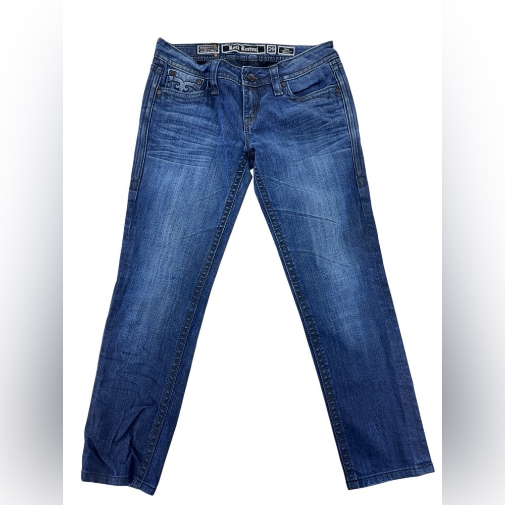 Rock Revival. Blue Skinny Jeans with Faded Whiskering